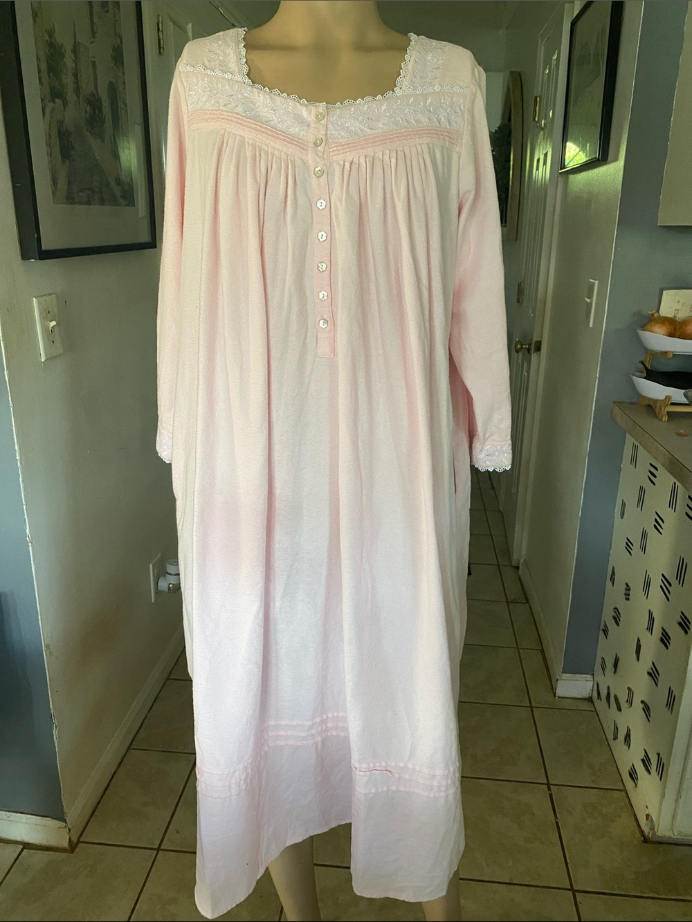Eileen West Light Pink Long Sleeve Flannel Lace Yoke Nightgown